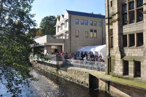 Oktoberfest: with the new Town Hall thronging in the warm Hebden Bridge Sunday sunshine  - photo: HebWeb